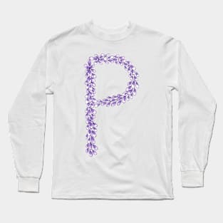 Lavender Letter P Hand Drawn in Watercolor and Ink Long Sleeve T-Shirt